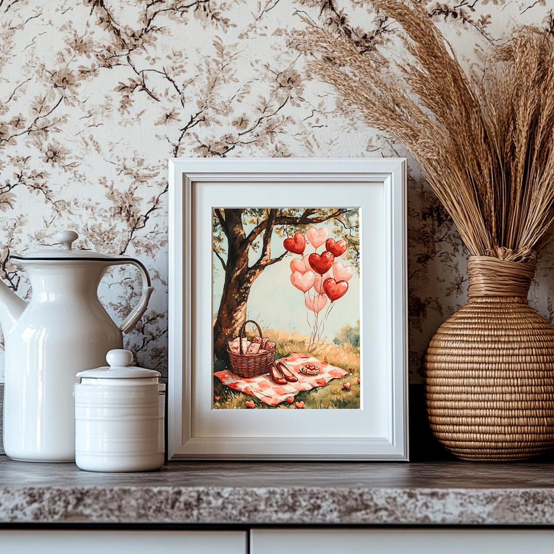 Heart Balloons And Picnic Basket Romantic Valentines Picnic Print - Image 4