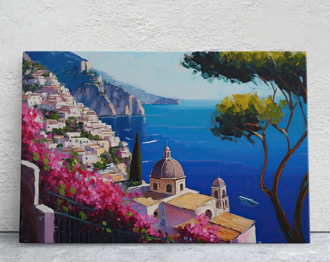 Amalfi Coast Italy Travel Poster, Coastal Flowers View