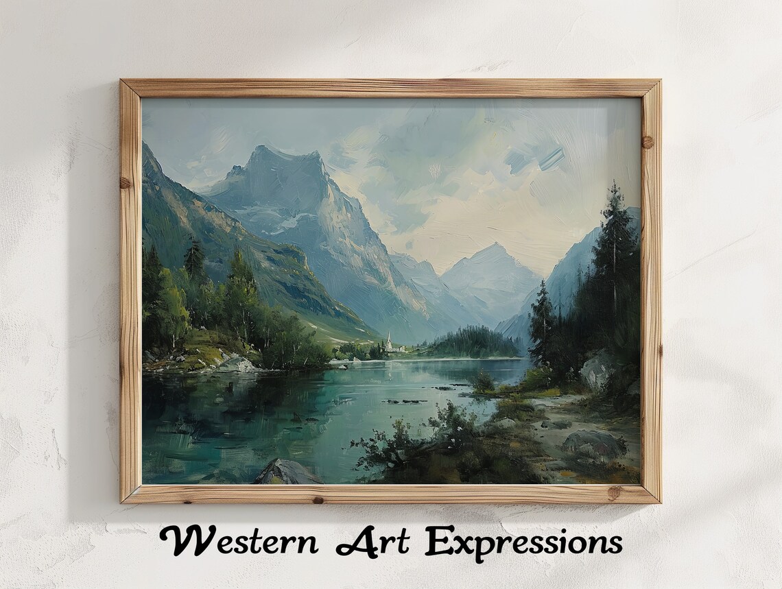 Church On The Lake Vintage Painting Landscape Oil Mountain Scenery Wall Art Living Room Artwork Serene Outdoor Scene