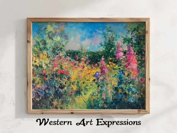 English Countryside Flower Garden Colorful Abstract Floral Canvas Art Vibrant Wall Decor Modern Impressionist Painting Print