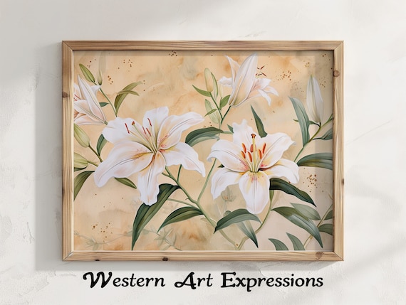 Watercolor Lillies Blooming Elegant White Lily Floral Art Botanical Wall Decor Vintageinspired Flower Illustration