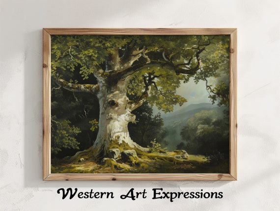 Beech Tree 19th Century Style Painting Rustic Forest Landscape Print Vintage Wall Art Nature Scenery Decor