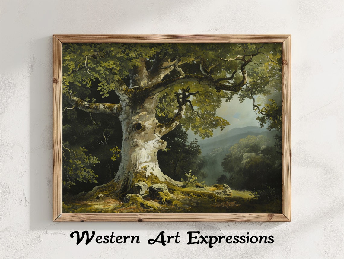 Ancient Beech Tree in a Misty Forest Vintage Nature Painting Poster