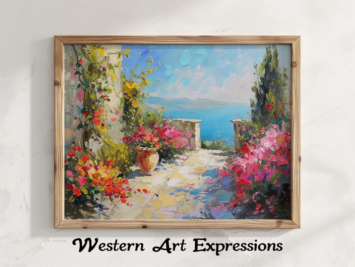 Terrace Garden Flowers Overlooking Blue Ocean View Coastal Poster