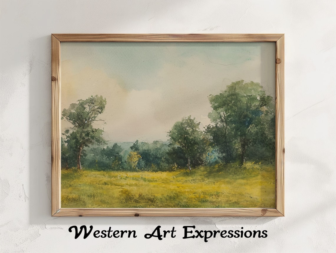 Summer Meadow with Green Trees Soft Watercolor Countryside Wall Art