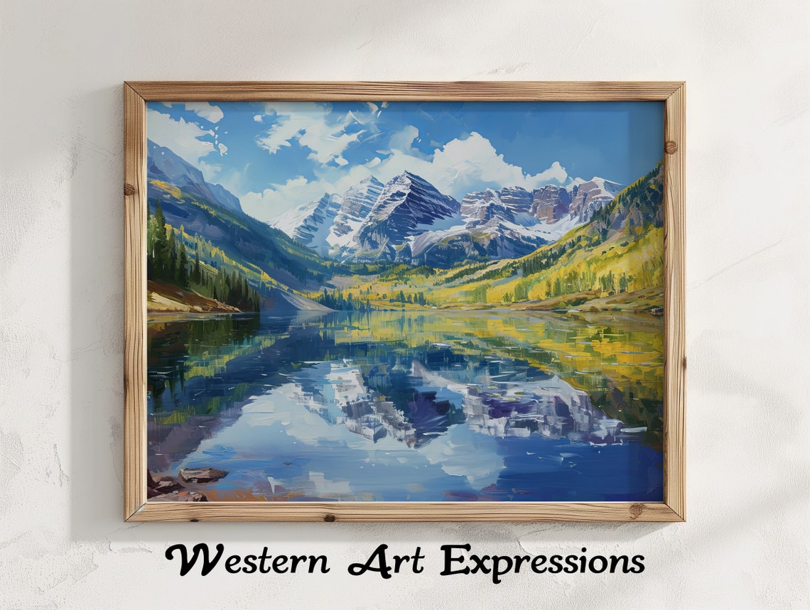 Maroon Bells Reflection Lake Oil Painting Autumn Mountainscape Poster