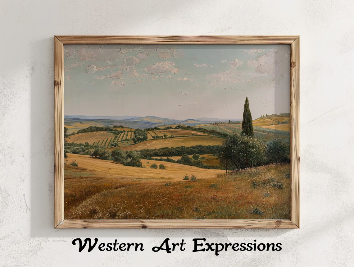 Tuscan Golden Hills Countryside Vintage Landscape Painting Wall Art