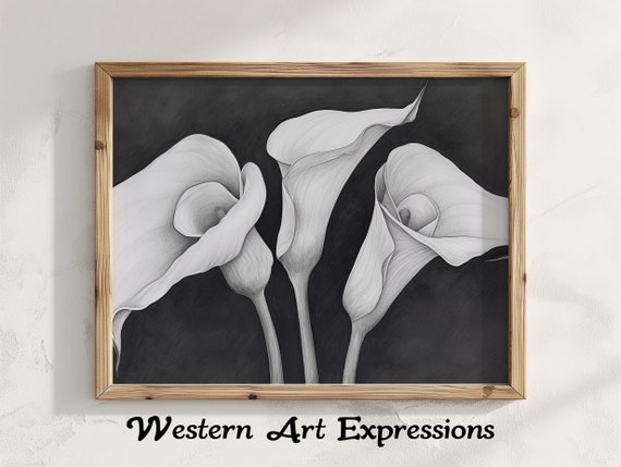 Calla Lilly Trio Ink Drawing Black And White Floral Wall Art Lily Print Elegant Home Decor Botanical Sketch Poster
