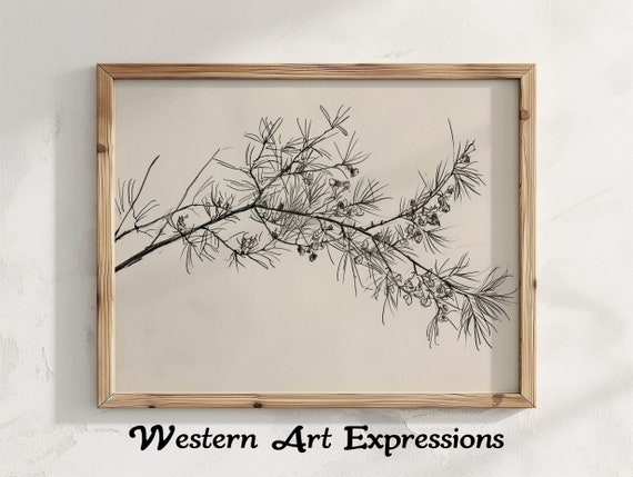 Pine Branch Ink Drawing Minimalist Botanical Sketch Black And White Wall Art Modern Drawn Floral Decor