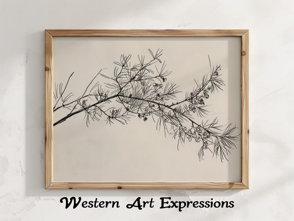 Pine Branch Ink Drawing Minimalist Botanical Sketch Black And White Wall Art Modern Drawn Floral Decor