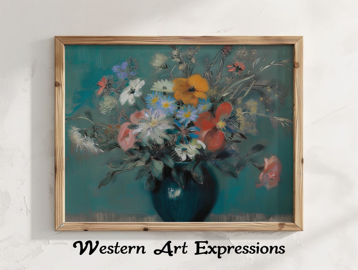 Impressionist Wildflower Bouquet In Dark Teal Vase Floral Poster