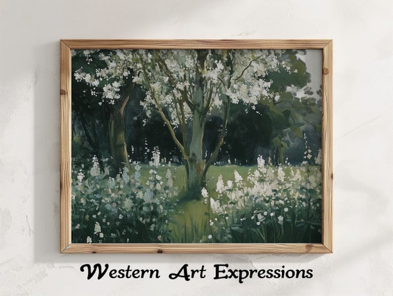 Country Meadow Garden Moody Vintage Impressionist Forest Landscape Tranquil Nature Wall Decor Blossoming Trees Print