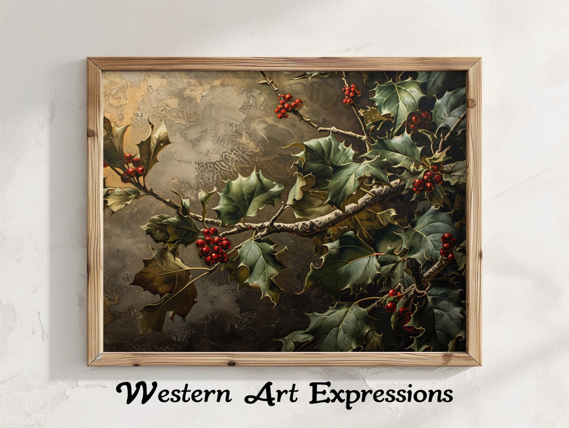 Holly Tree Vintage Painting Textured Berries Canvas Print Rustic Wall Art Nature Inspired Home Decor Botanical