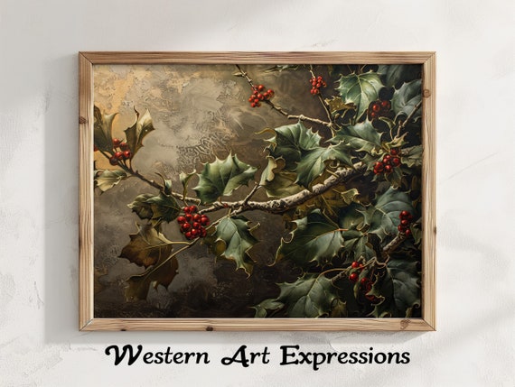 Holly Tree Vintage Painting Textured Berries Canvas Print Rustic Wall Art Nature Inspired Home Decor Botanical