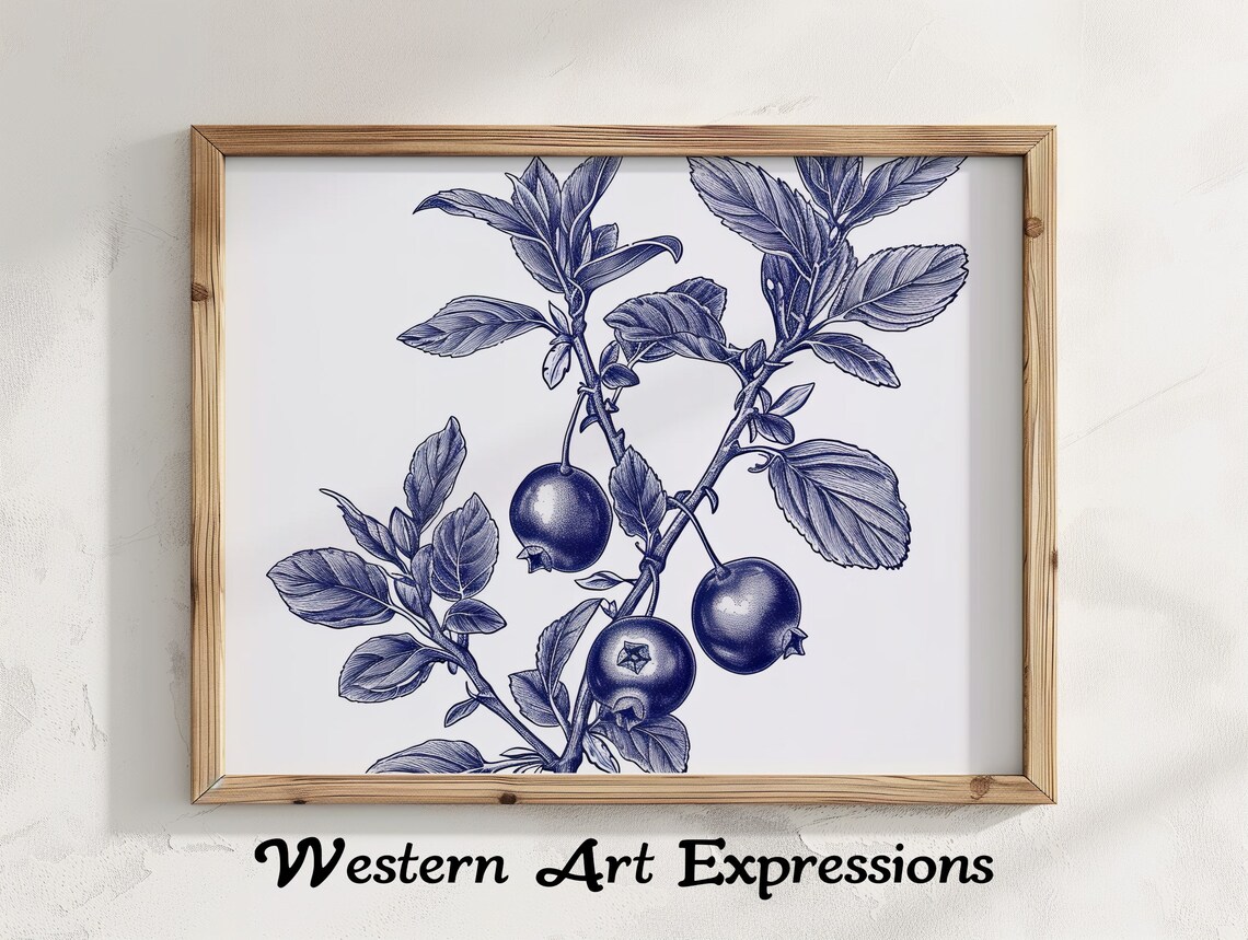 Cranberry Branch Illustration Vintage Blueberry Botanical Print Classic Blue And White Wall Art Kitchen Decor