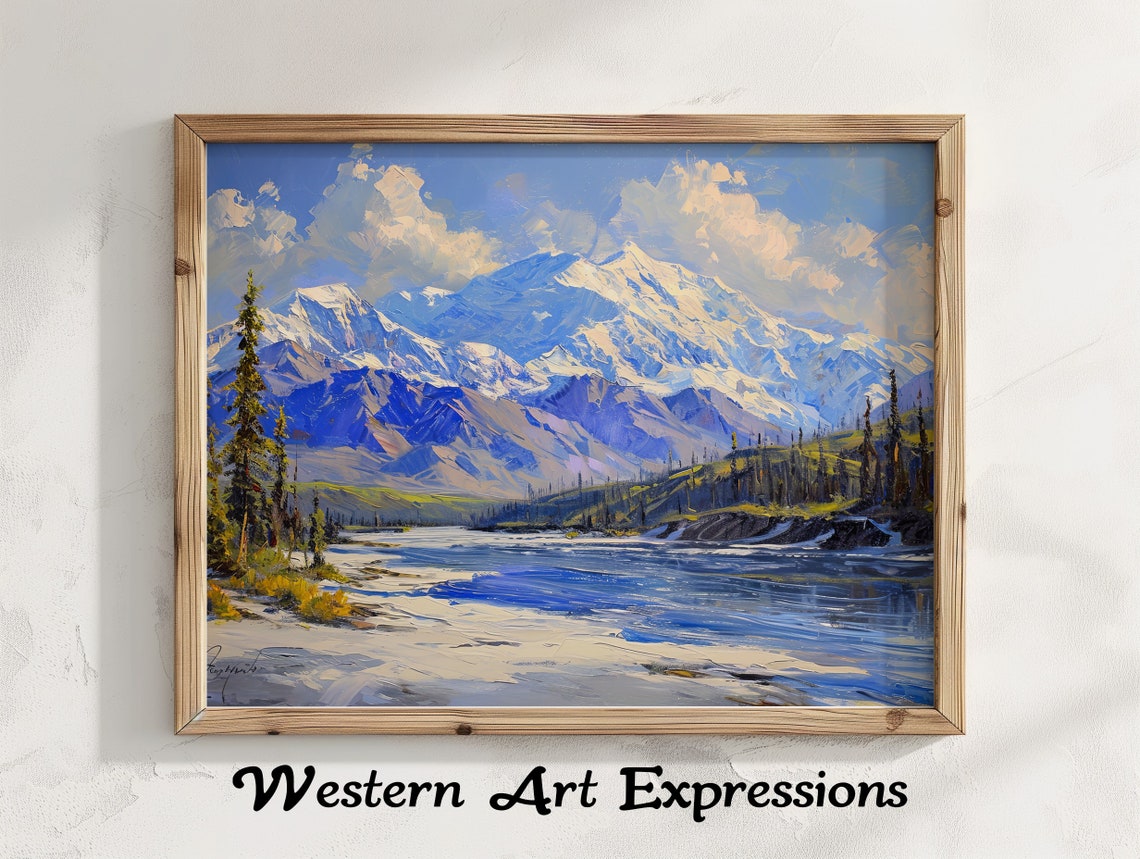 Denali National Park Snowcapped Mountain Lake Oil Painting Poster