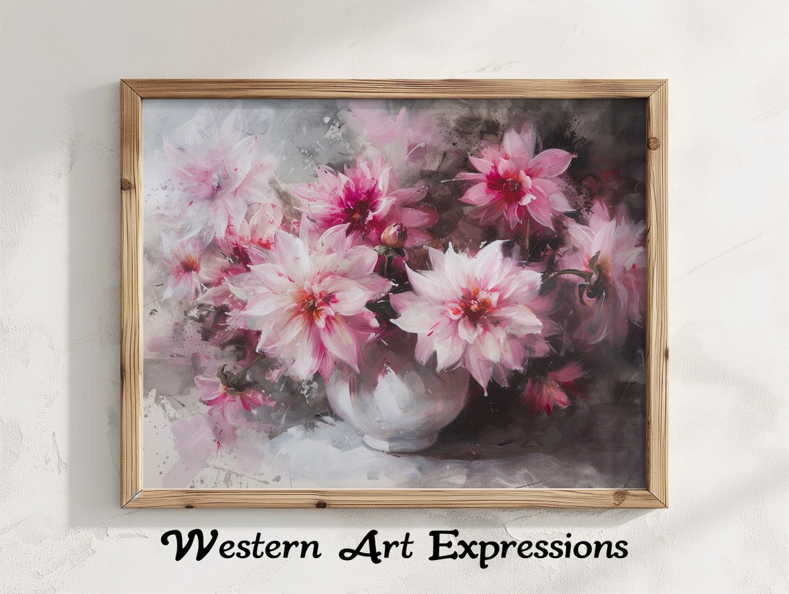 Dahlias In Vase Abstract Floral Canvas Art Pink Blossoms Wall Decor Modern Impressionist Home Decoration