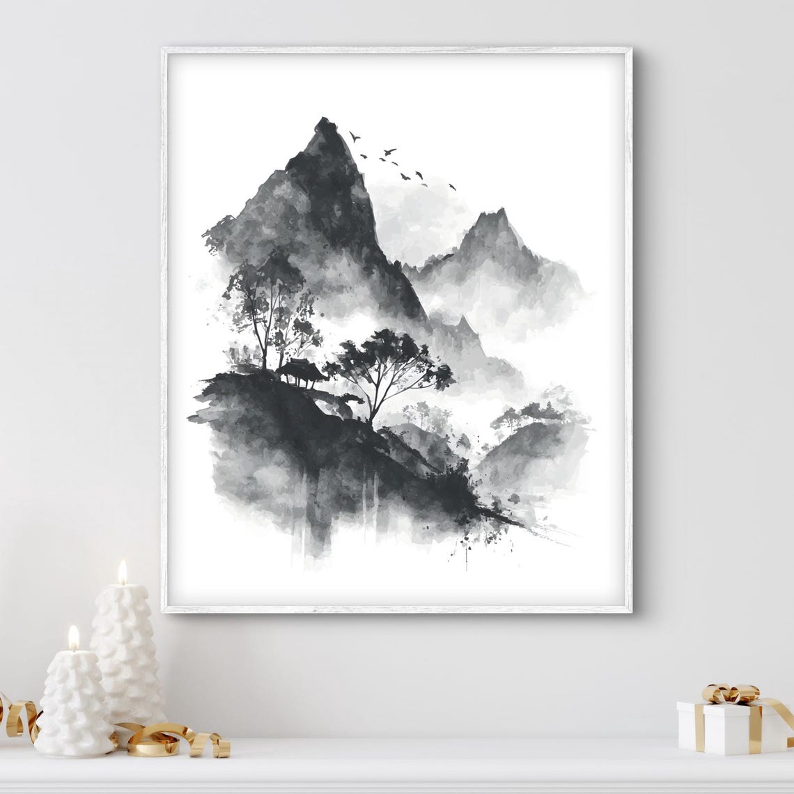 Zen Mountain Landscape Wall Art Minimalist Ink Painting Monochrome Misty Mountains