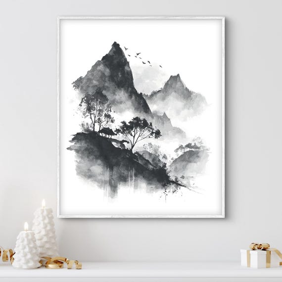Zen Mountain Landscape Wall Art Minimalist Ink Painting Monochrome Misty Mountains