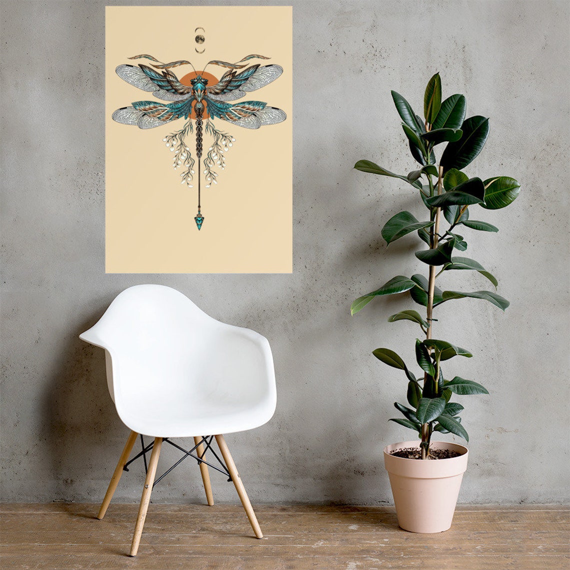 Dragonfly Tattoo Art Print, Tribal Floral Moon - Image 2