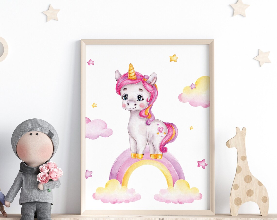 Cute Watercolor Unicorn Rainbow Baby Girl Nursery Decor Poster