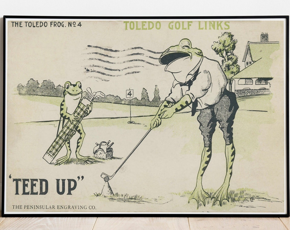 Teed Up Toledo Frog Vintage Golf Links Humor Illustration Poster
