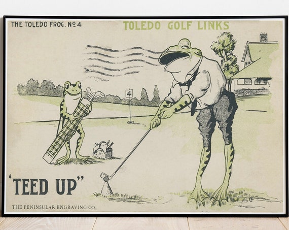 Frog Playing Golf Weird Art Print Strange Kitsch Wall Gift For Lover Home Decor Gifts Men Prints Vintage