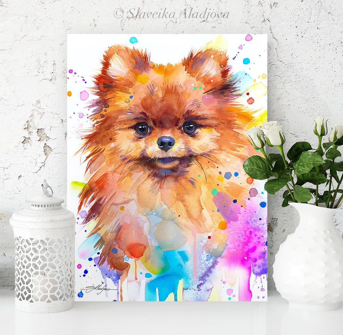 Pomeranian Watercolor Splash Colorful Dog Portrait Bright Wall Poster - Image 2