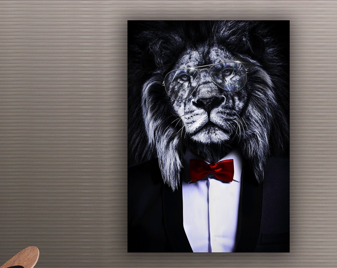 Lion In Suit Red Bow Tie Glasses Funny Animal Portrait Poster - Image 3