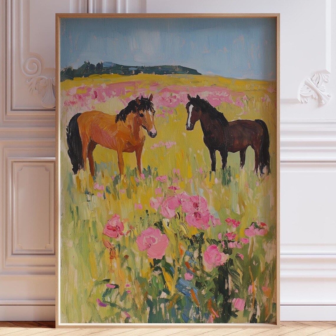 Two Horses in Pink Wildflower Meadow Painting Poster for Girls