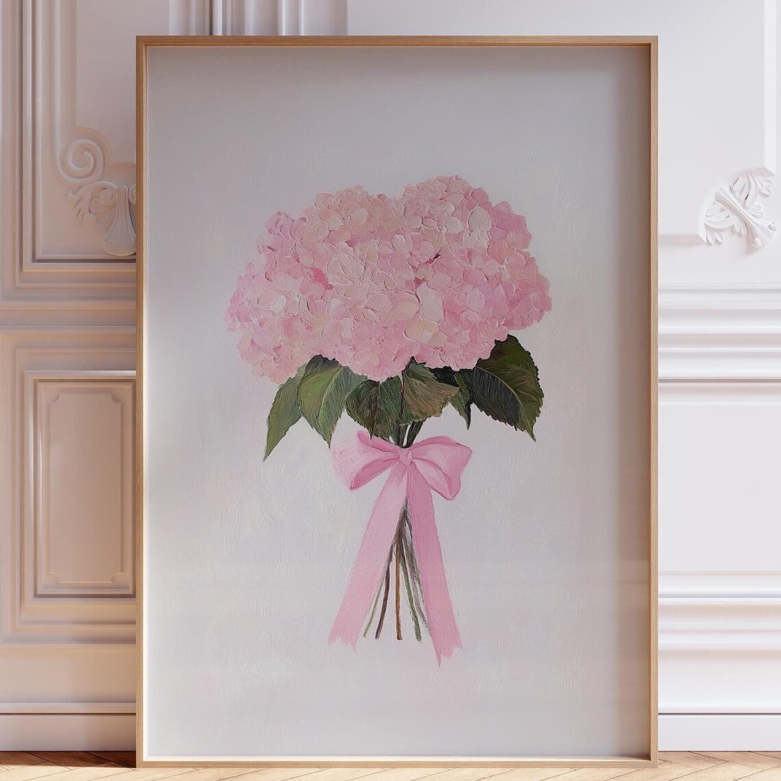 Pink Hydrangea Bouquet Ribbon Watercolor Floral Painting Wall Art