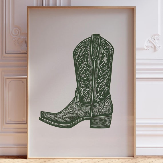 Cowboy Boots Wall Art Sage Green Western Print Painting