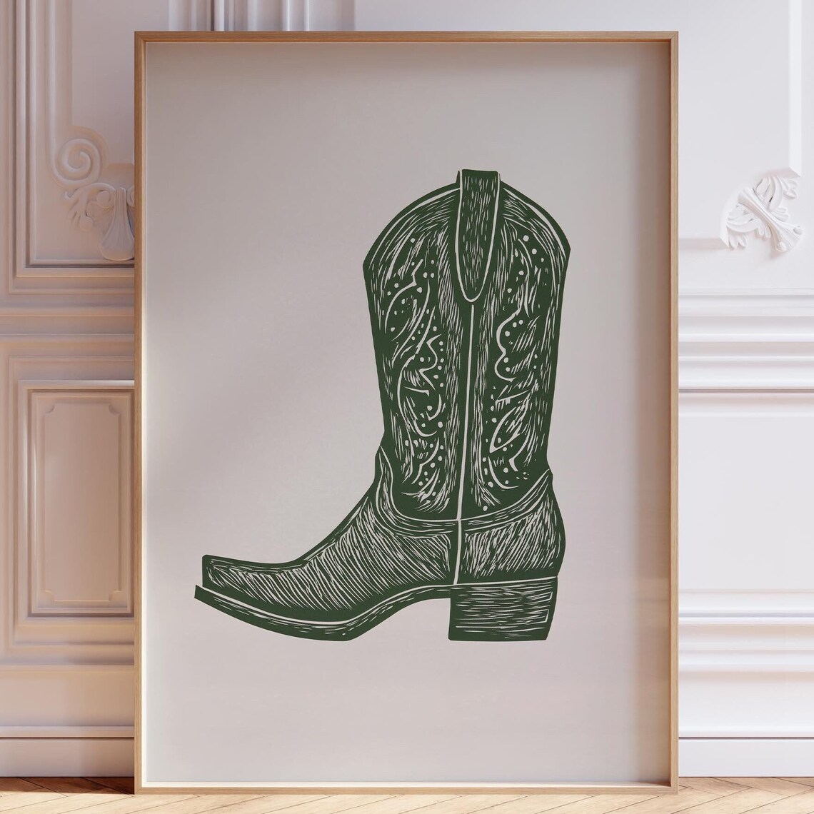 Forest Green Cowboy Boot Linocut Western Ranch Rustic Decor Wall Poster