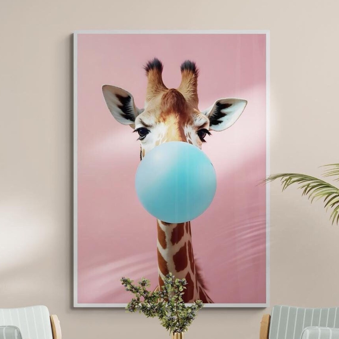 Giraffe Bubble Gum Portrait, Whimsical Animal Art Print