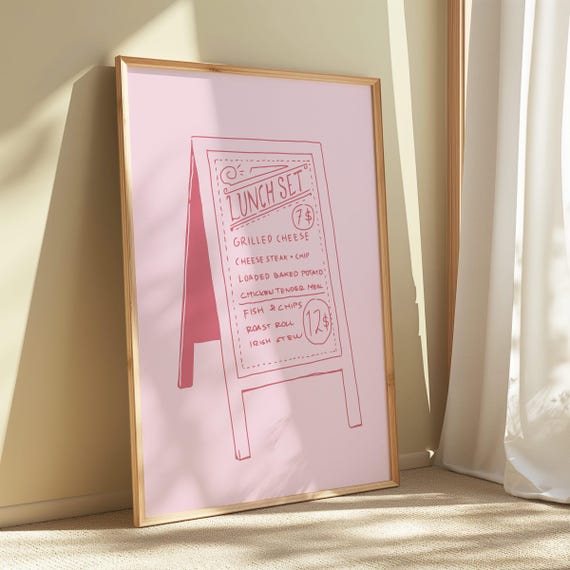 Lunch Menu Sign Print Pink Cafe Bistro Wall Art Cute Preppy Modern Kitchen Decor Trendy Summer