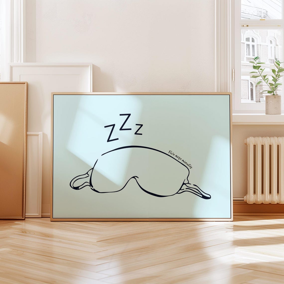 Five More Minutes Sleepy Eye Mask Quote Line Art Bedroom Poster