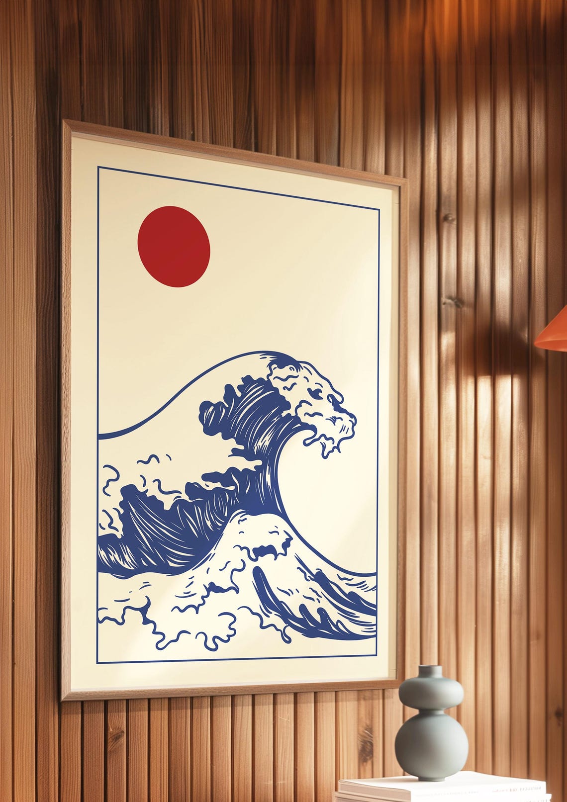 Japanese Great Wave and Red Sun Minimalist Vintage Style Art Poster