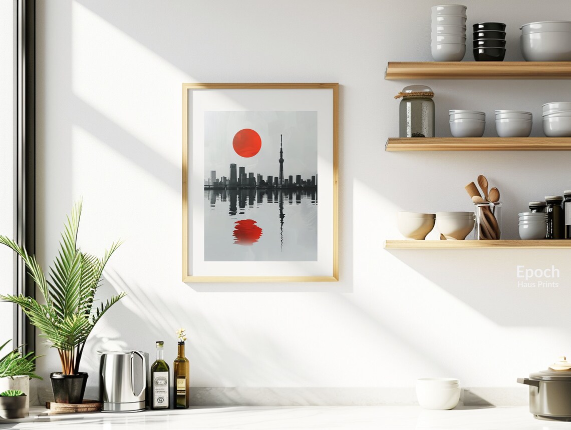 Abstract Tokyo Skyline and Red Sun, Minimalist Print - Image 2