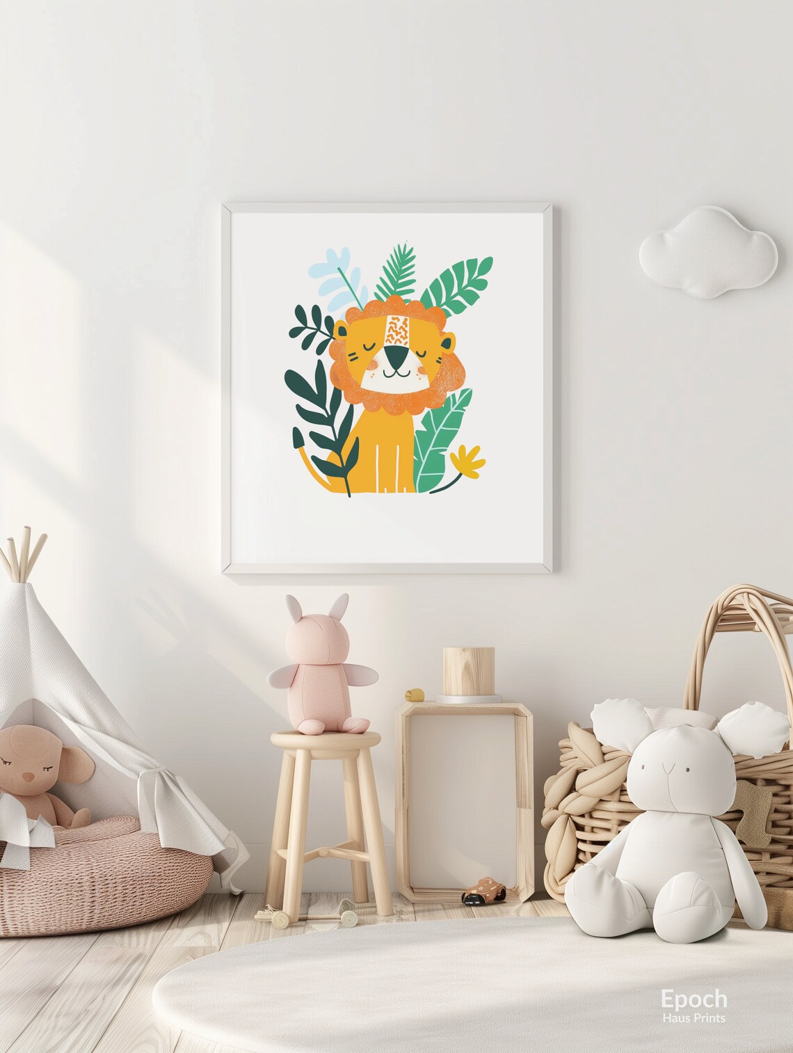 Cute Smiling Lion Surrounded By Tropical Leaves Kids Room Poster - Image 3
