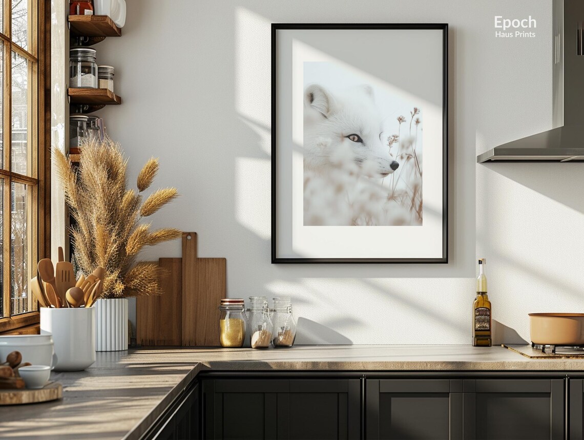 White Arctic Fox Peering Through Snowy Grass in Winter Poster - Image 2