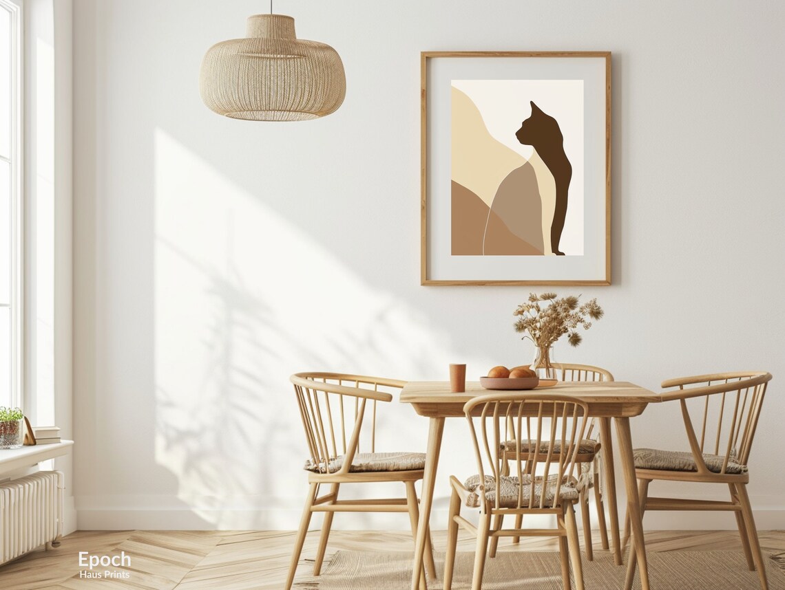 Seated Cat Silhouette Beige Color Block Abstract Modern Wall Art - Image 3