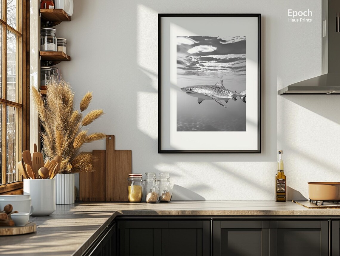 Black And White Tiger Shark Gliding In Bright Shallow Water Poster - Image 3