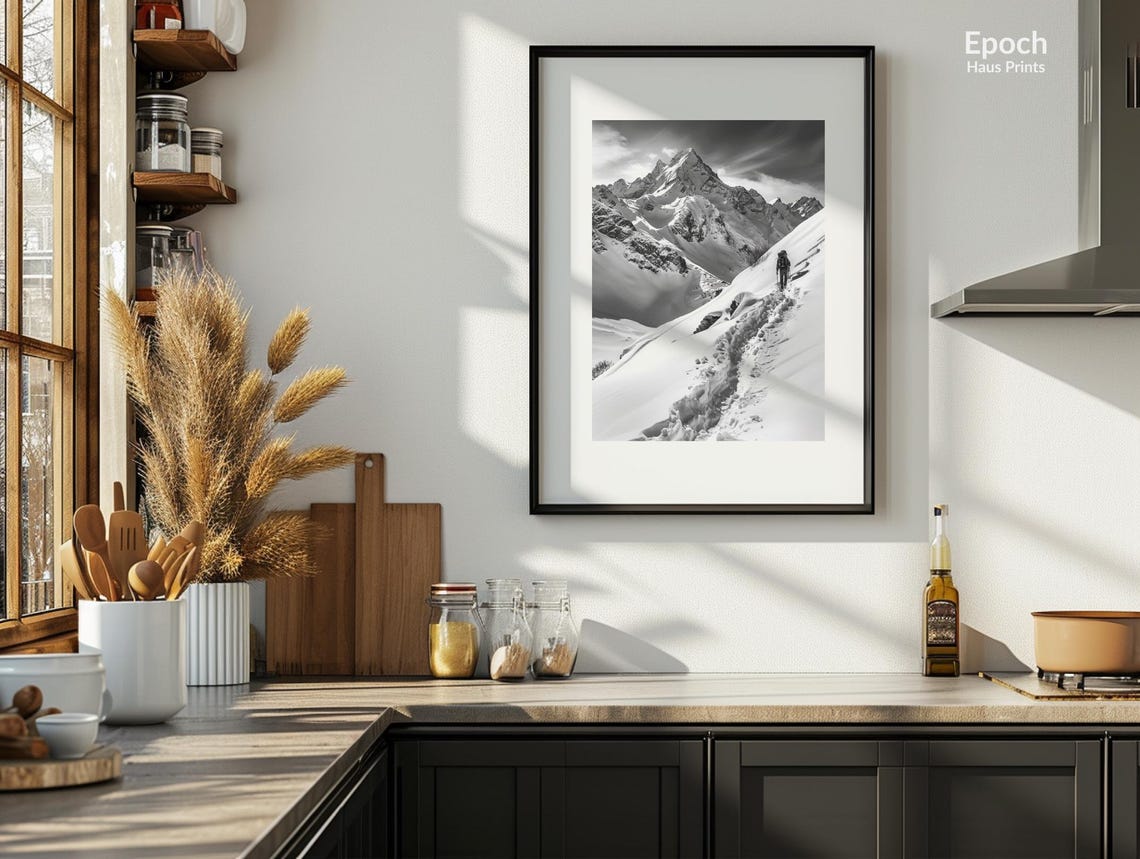 Hiker on Snowy Mountain Ranges, Minimalist Art Print - Image 3