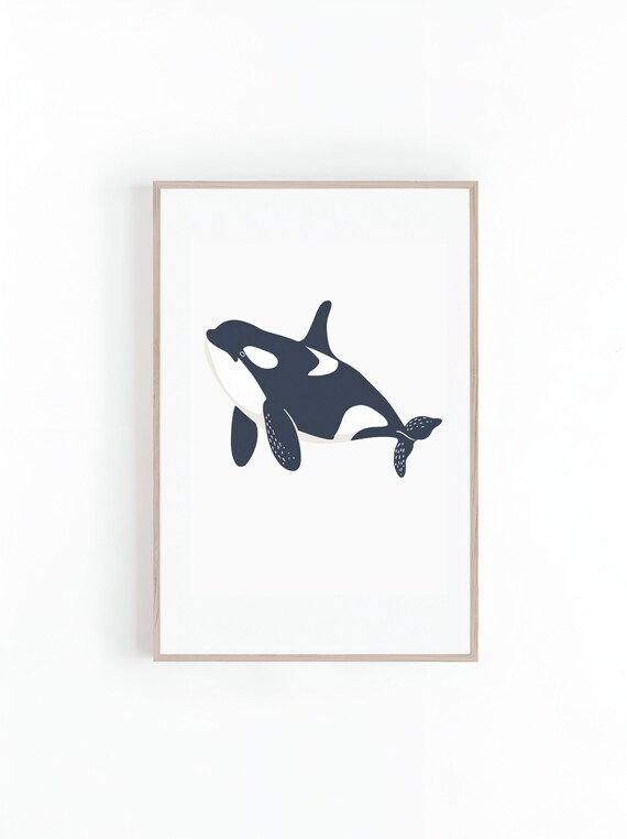 Minimalist Navy Blue Orca Swimming On White Background Poster