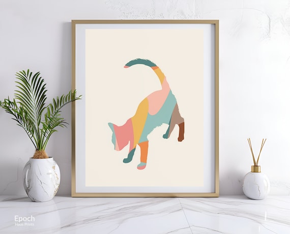 Technicolor Stretching Cat Patchwork Silhouette Abstract Poster