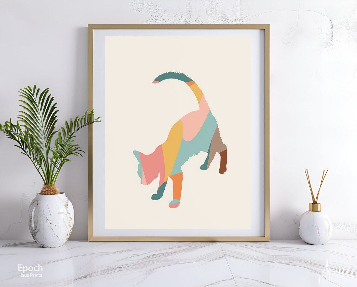 Technicolor Stretching Cat Patchwork Silhouette Abstract Poster