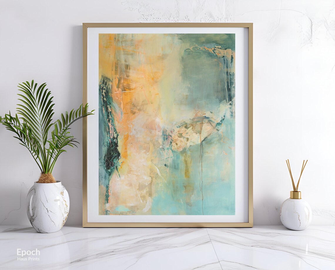 Orange And Teal Abstract Oil Painting, Modern Decor
