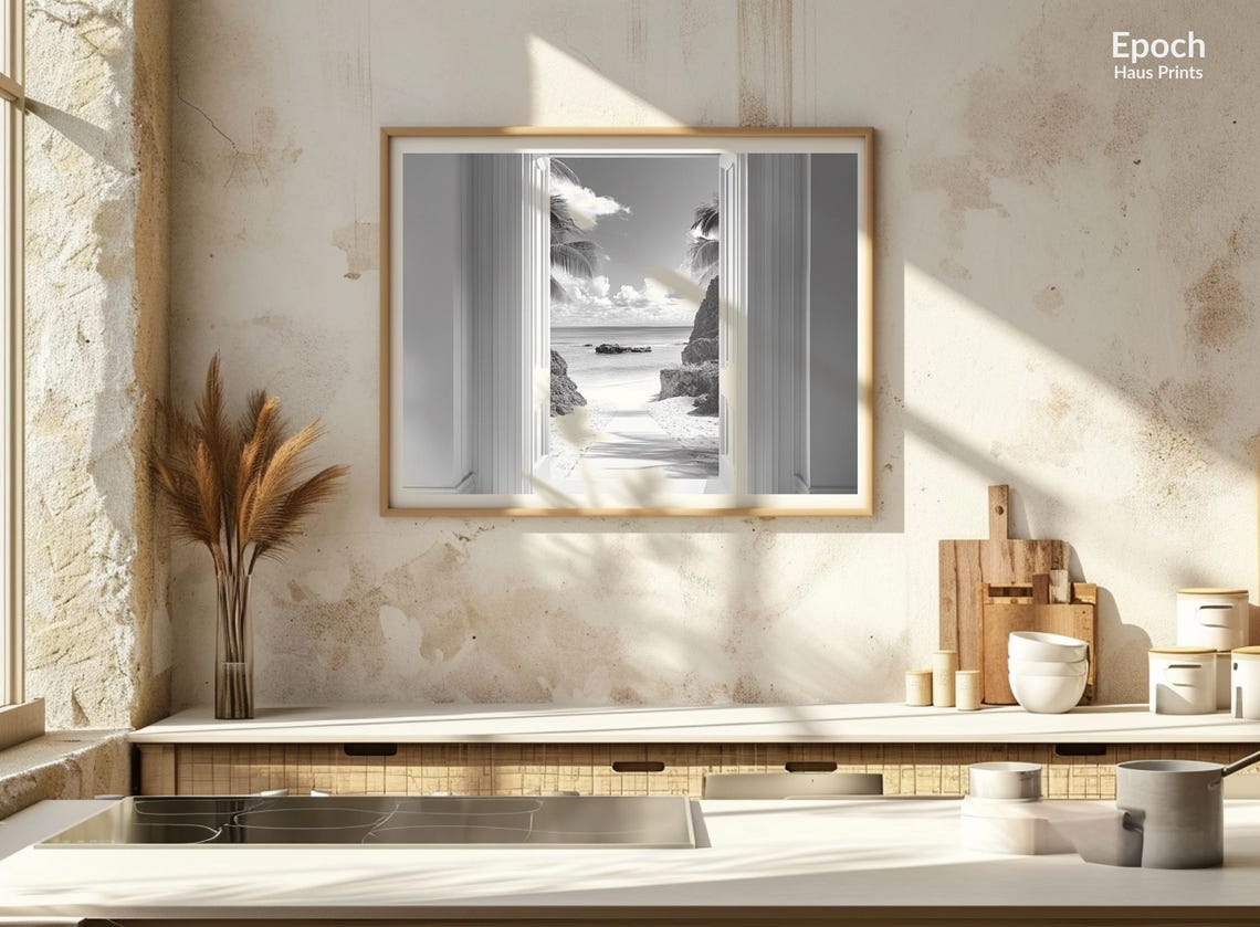 Black And White Photograph Hallway To Beach Wall Arts Large Poster Beach Home Decor Architecture Print Instant - Image 2
