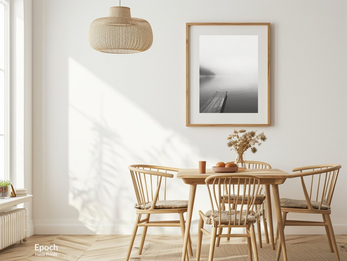 Boat Dock on Lake, Black and White Art Print - Image 2