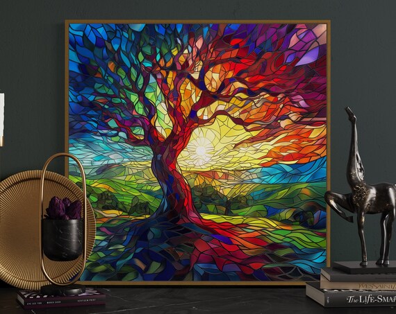 Kaleidoscope Tree Vivid Tree Of Life Mosaic Print Designer Wall Art For Coquette Room Decor And Hallway Accent